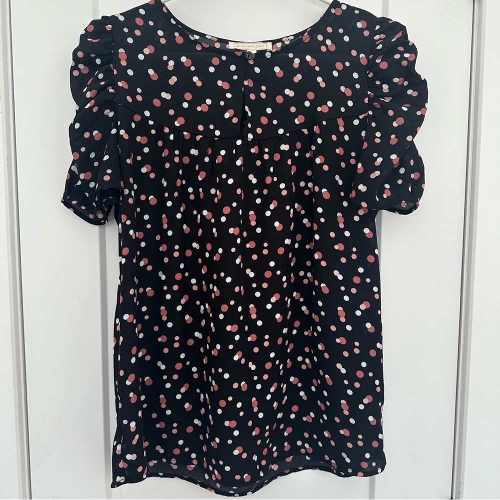 Blousology Black with White & Pink Polka dot Women's Top Gathered Sleeve Small